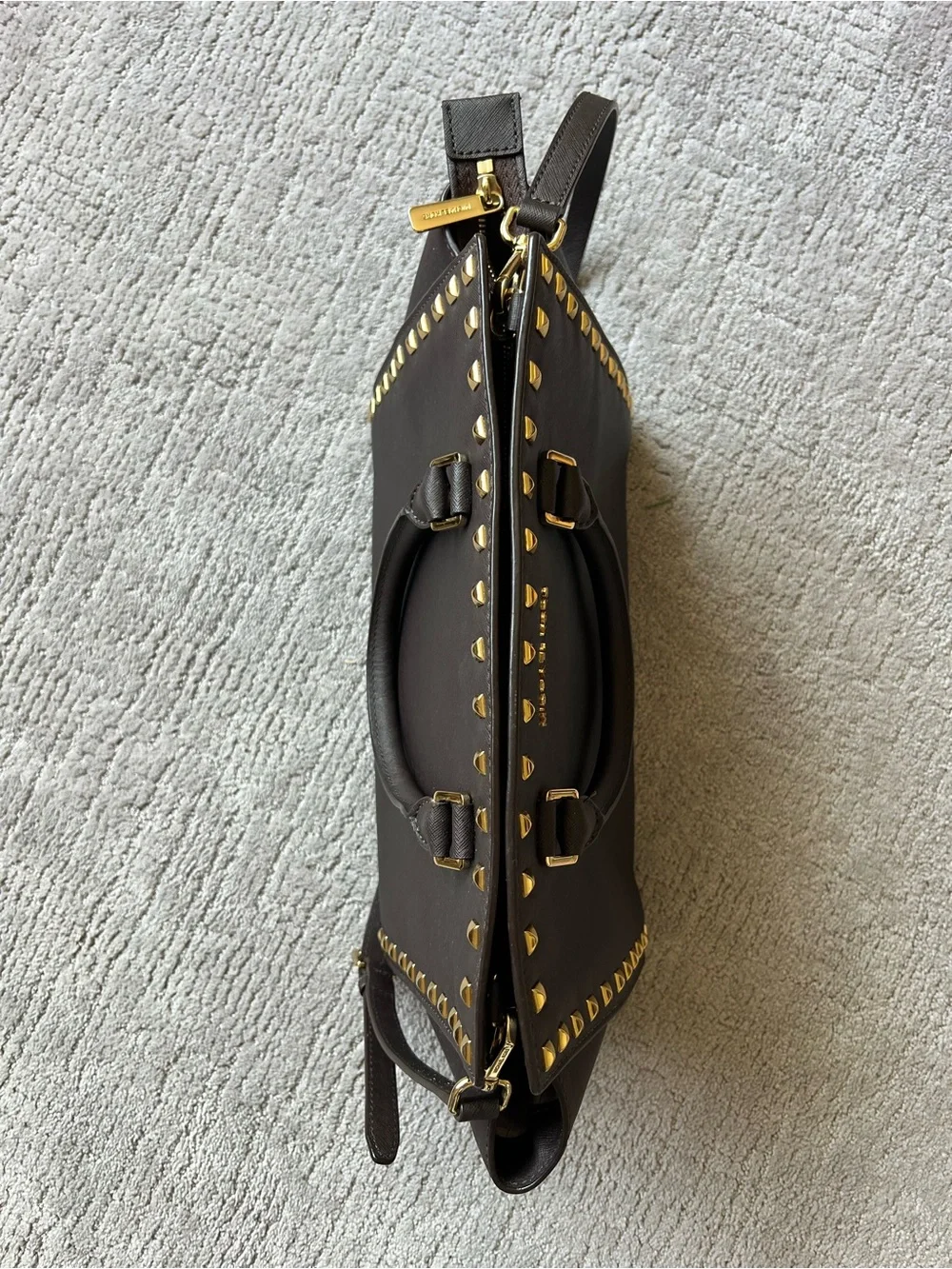 Michael Kors Dark Brown Saffiano Studded Tote with Gold Hardware